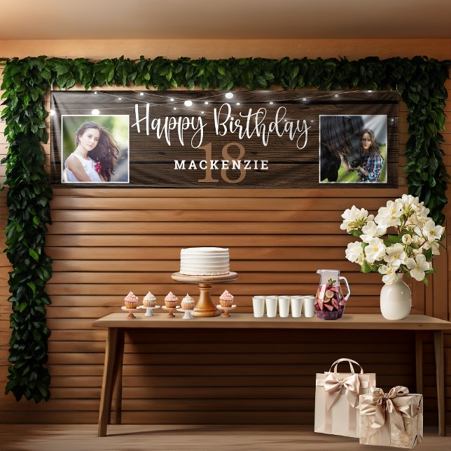 Lona Rústica cuerda ilumina madera 18 cumpleaños foto (Rustic String Lights Wood 18th Birthday Photo Banner)