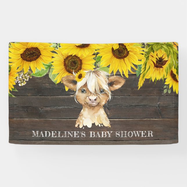 Lona Rústica floral de girasol Highland Cow Baby Shower (Horizontal)
