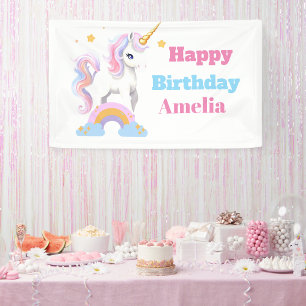 Lona Rústico acuarela Rainbow Unicorn Feliz cumpleaños