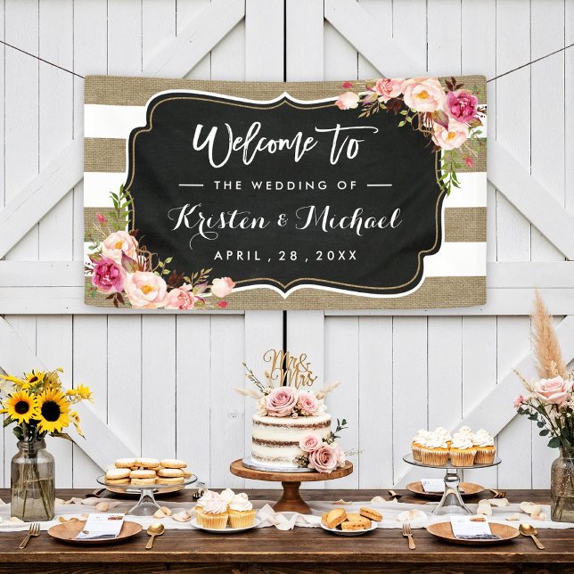 Lona Rutic Country Burlap Stripes Floral Wedding Party (Subido por el creador)