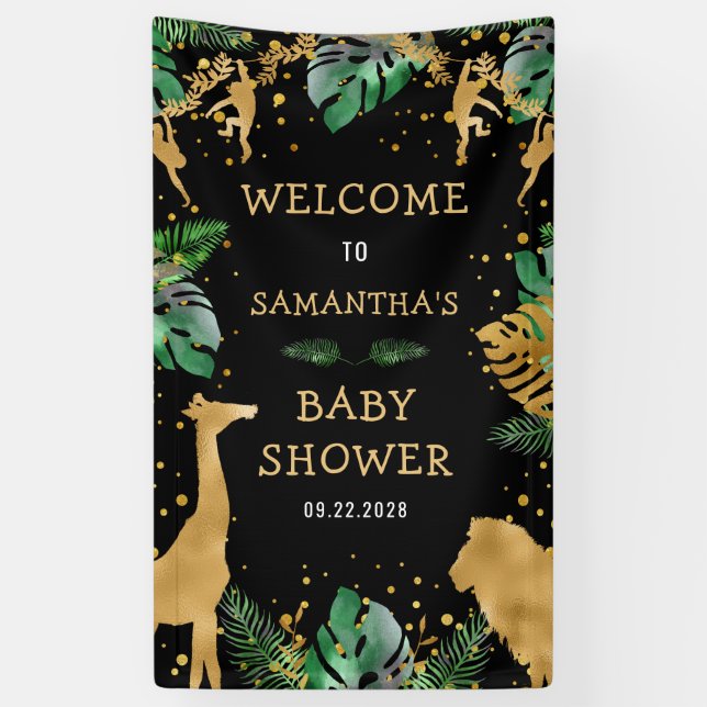 Lona Safari Baby Shower Black Gold Bienvenida (Vertical)