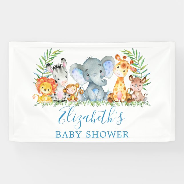 Lona Safari color de agua Animales Baby Shower Azul (Horizontal)