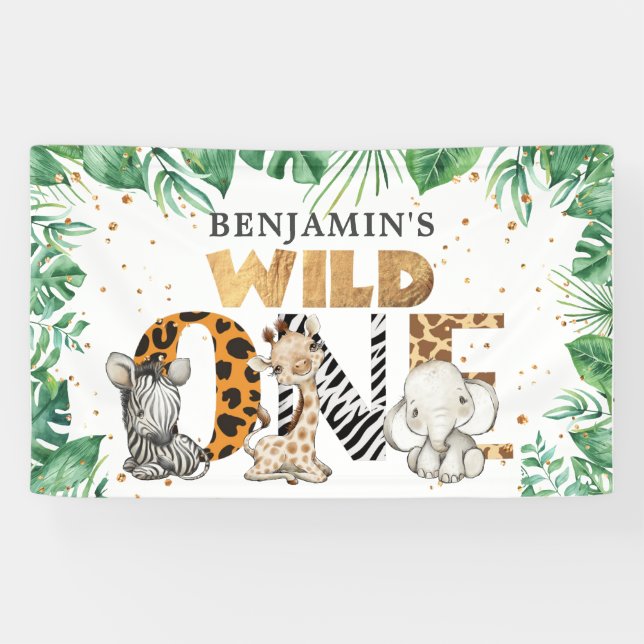 Lona Safari Wild One Gold Confetti Primer cumpleaños (Horizontal)