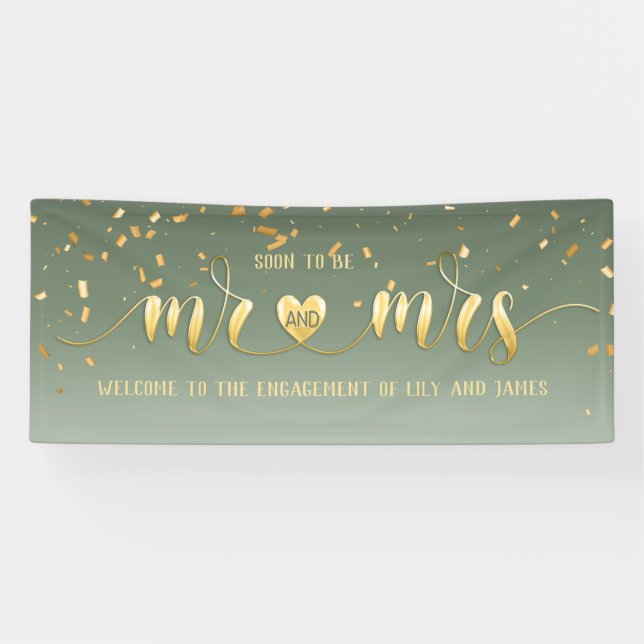Lona Sage Gold Mr. y Mrs Engagement Banner (Horizontal)