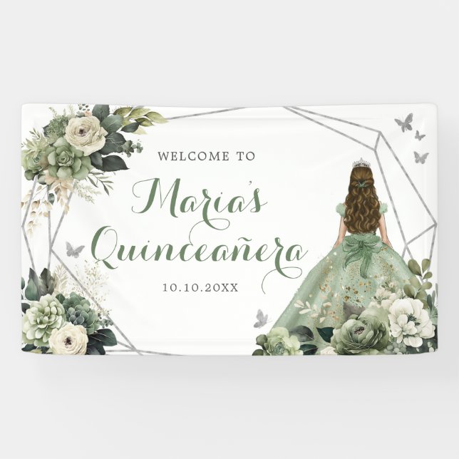 Lona Sage Green Floral Geométrica Princesa Quinceañera (Horizontal)