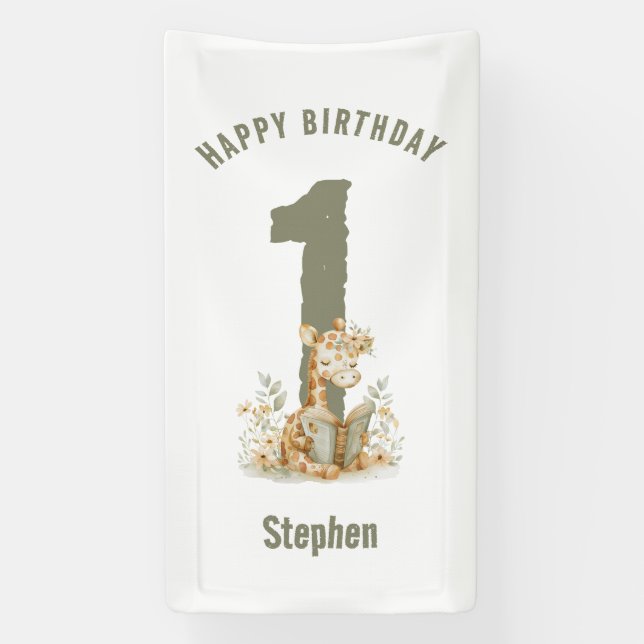 Lona Sage Green Giraffe Feliz primer cumpleaños (Vertical)