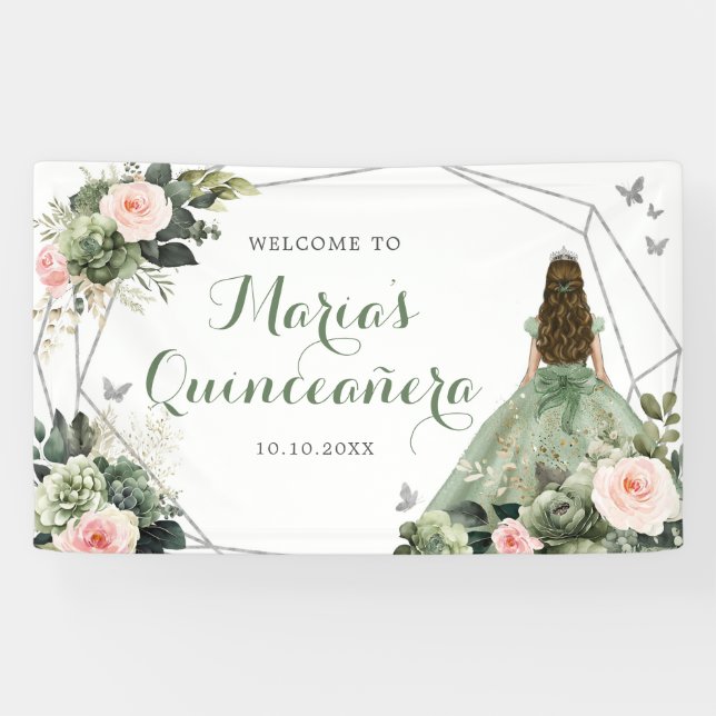 Lona Sage Green Rubor Chica Rosa Dulce Dieciséis Cumple (Horizontal)
