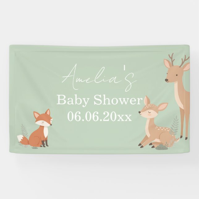 Lona Sage Green Woodland Animal Baby Welcome Invitation (Horizontal)