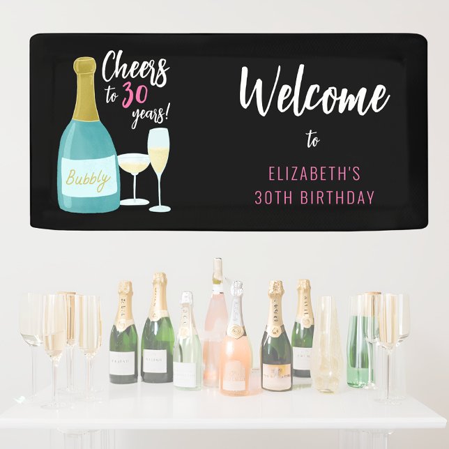 Lona Saludos a los 30 años, burbujeante fiesta de 30 añ (Cheers to 30 years welcome banner for 30th birthday with champagne bubbly bottles and glasses.)