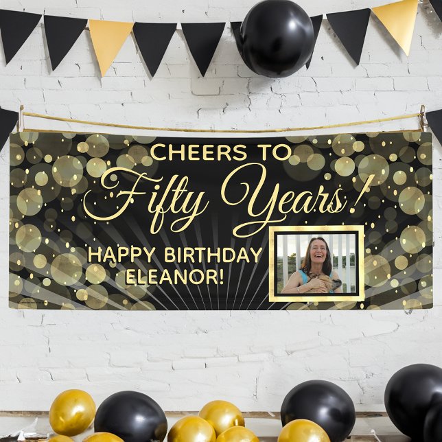 Lona Saludos a los cincuenta años. Foto de la fiesta de (50th birthday party banner gold and black photo banner)