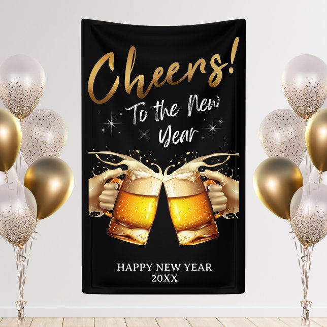 Lona Saludos en negro y oro al Fiesta de Nochevieja 202 (Black & Gold Cheers to New Years Eve Party 2024 Banner)