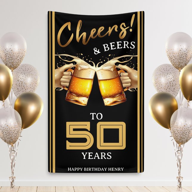 Lona Saludos y cervezas de oro y negro 50 años 50 cumpl (Black & Gold Cheers & Beers 50 Years 50th Birthday Banner)
