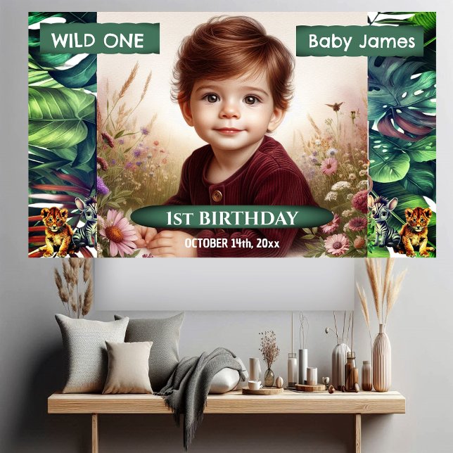 Lona Salvaje foto tropical del Safari de la Selva de Na (Wild One 1st Birthday Jungle Safari Tropical Photo Banner)