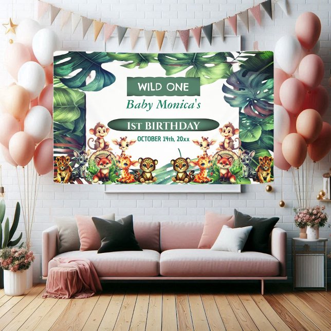 Lona Salvajes Saltos Tropicales de Safari de la Selva d (Wild One Birthday Jungle Safari Tropical Leaves Banner)