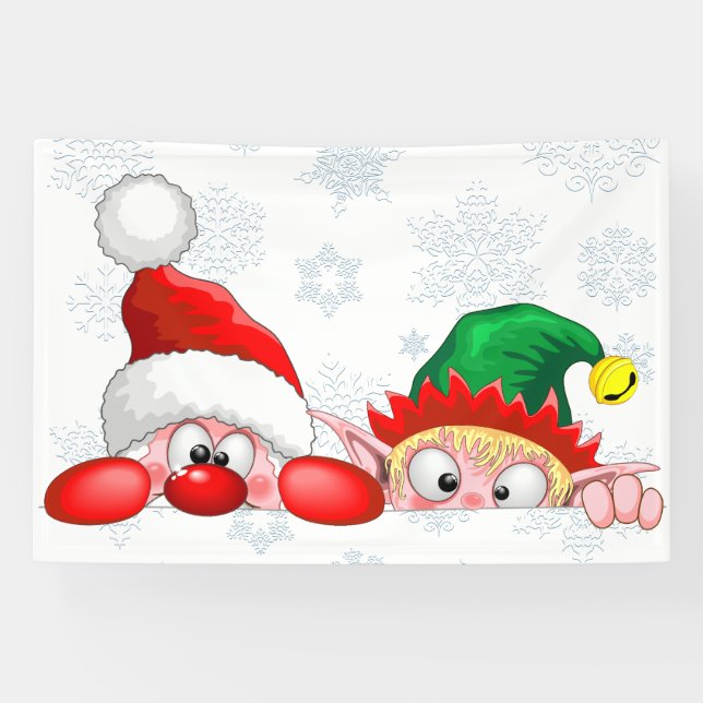 Lona Santa y Elf Cute y graciosos personajes Peeking (Horizontal)