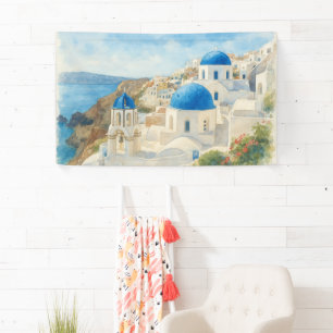 Lona Santorini Grecia Acuarela Arte Iglesia de Cúpula A