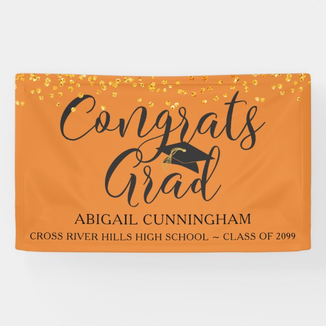 Lona Script CONGRATA GRAD Naranja Purpurina Confetti (Horizontal)