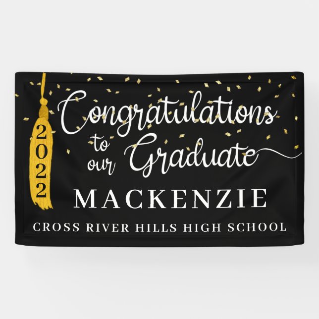 Lona Script Congrats Grad Black Gold Tassel Confetti (Horizontal)