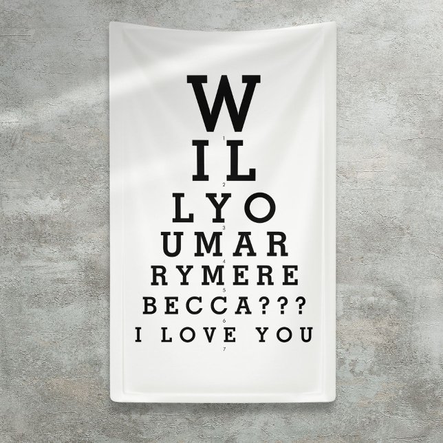 Lona ¿Se Casará Con Mi Personalizado Propuesta Óptica? (Will You Marry Me Custom Proposal Optician Chart Banner)