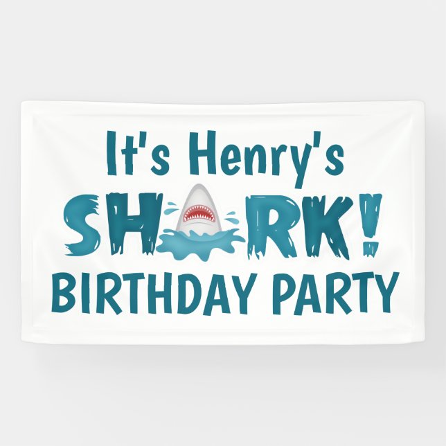 Lona Se llama Banner de la fiesta de cumpleaños SHARK (Horizontal)