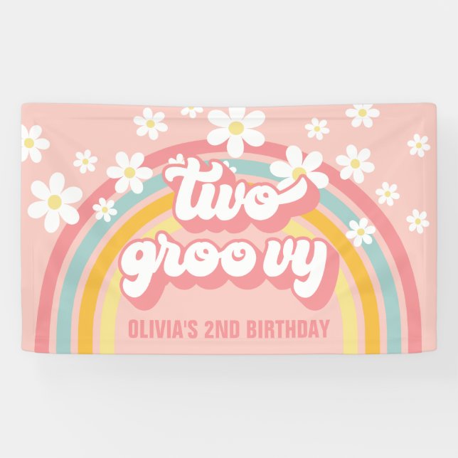 Lona Segundo cumpleaños del arco iris retro dos Groovy (Horizontal)