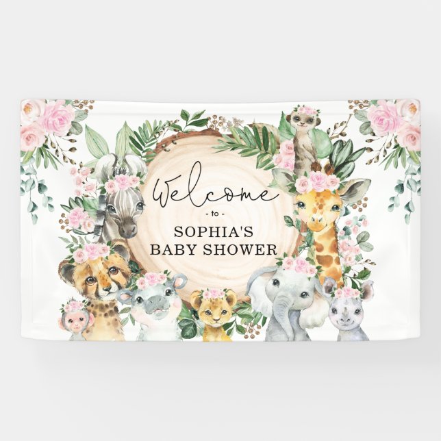 Lona Selva floral Safari animales bebé Bienvenida (Horizontal)