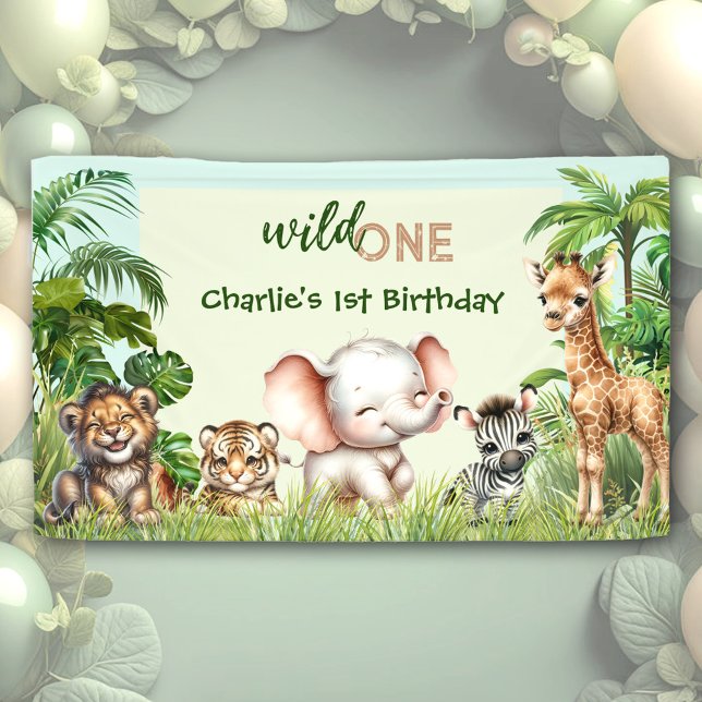 Lona Selva Safari Jungle Animals Wild One 1er cumpleaño (Safari Jungle Cute Animals Wild One 1st Birthday Banner)
