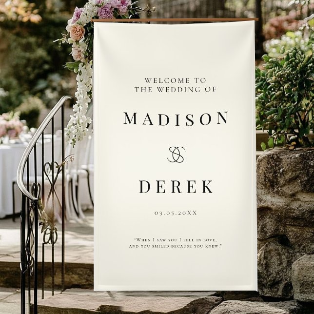 Lona Sencillo Elegante Boda BIENVENIDOS (Simpel, Elegant, Wedding "WELCOME" Beige Banner with your name and date.)