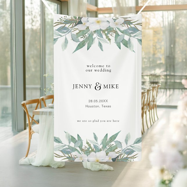 Lona Sencillo, elegante, eucalipto, boda (Simple, elegant, eucalyptus, welcome wedding banner with your name and date.)