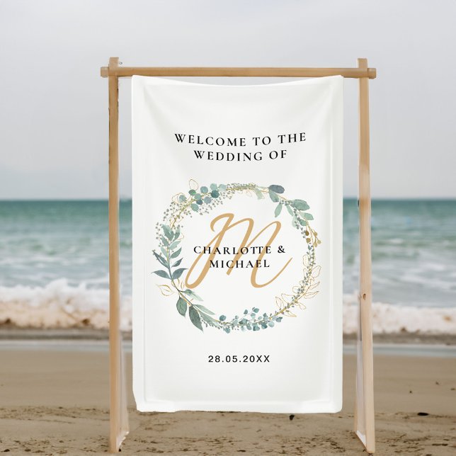 Lona Sencillo, elegante, monograma boda de eucalipto (Simple, elegant, botanical, monogram, eucalyptus wreath, white wedding banner.)
