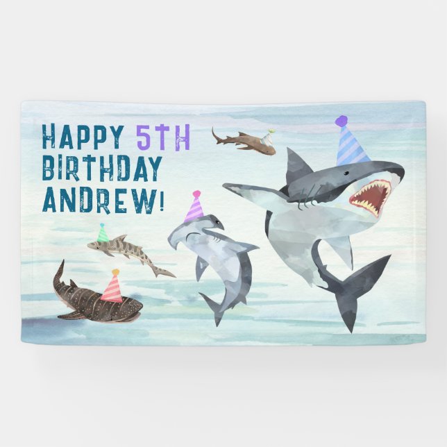 Lona Shark Birthday Invitation Pool Party Banner (Horizontal)