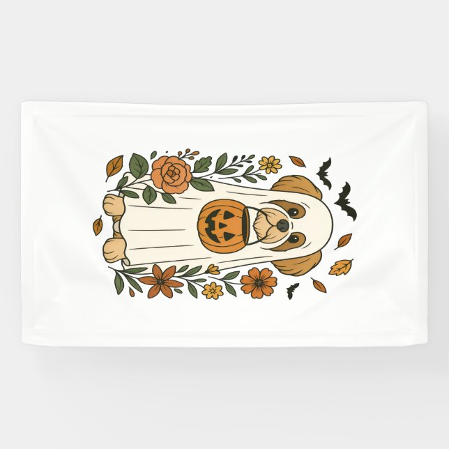 Lona Shih Tzu de Halloween con flores de otoño (Horizontal)