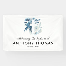 Lona signo de bautismo floral azul acuarela