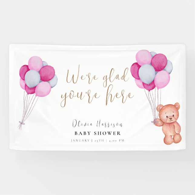 Lona Signo de bienvenida de Baby Shower con globo rosa  (Horizontal)
