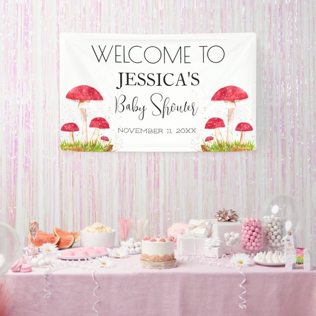 Lona Signo de bienvenida de Baby Shower Toadstool Mushr (Fiesta)