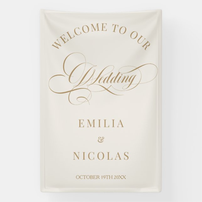 Lona Signo de bienvenida de Boda Beige y clásico de oro (Vertical)
