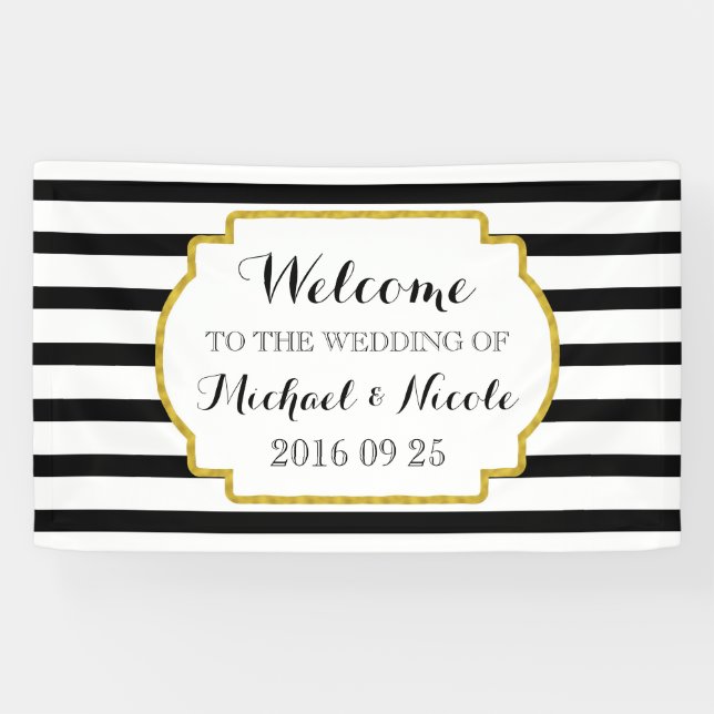 Lona Signo de bienvenida de Boda de franjas blancas neg (Horizontal)