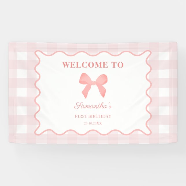 Lona Signo de bienvenida de cumpleaños de Bow rosa de G (Horizontal)