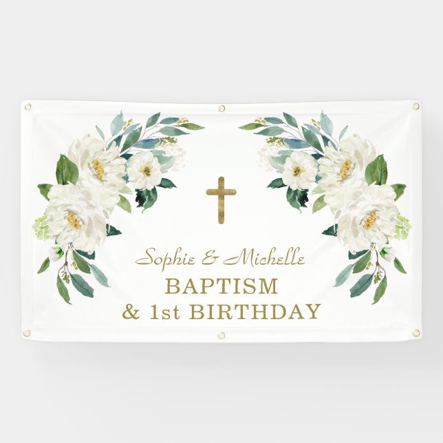 Lona Signo de bienvenida de la cruz de oro floral blanc (Horizontal)