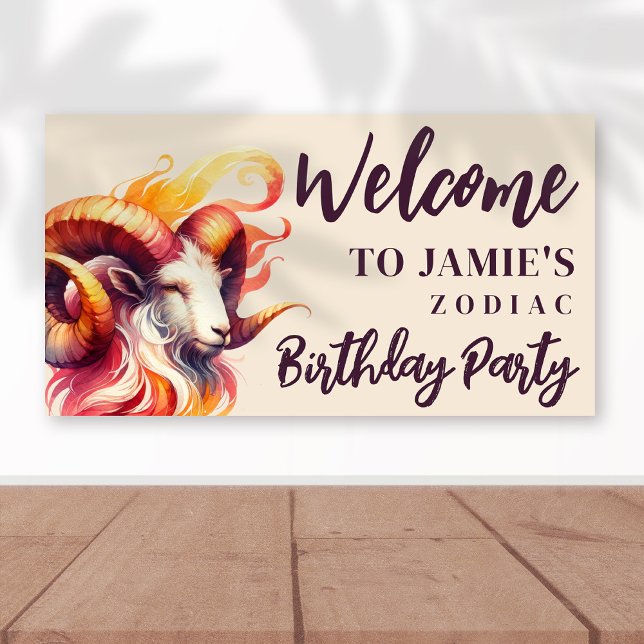 Lona Signo de bienvenida de la fiesta de cumpleaños tem (Aries Zodiac-Themed Party Suite | Coordinate with Decor Like This Customizable Welcome Banner!)
