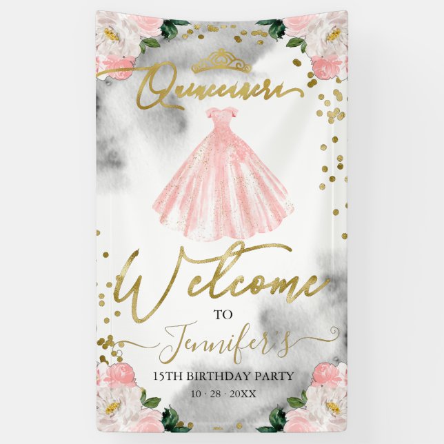 Lona Signo de bienvenida de Quinceanera floral de oro r (Vertical)