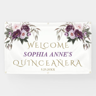 Lona Signo de bienvenida de Quinceañera floral púrpura 