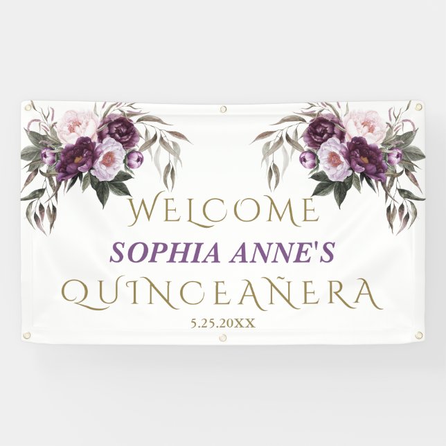 Lona Signo de bienvenida de Quinceañera floral púrpura  (Horizontal)