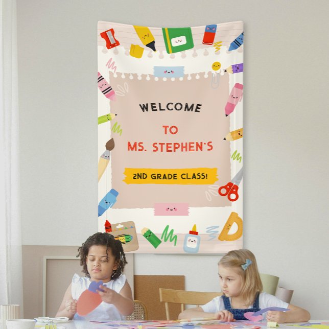 Lona Signo de bienvenida en aula de un profesor de hist (Colorful Stationary Teacher Classroom Welcome Sign)