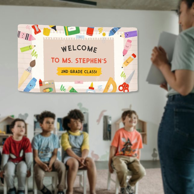 Lona Signo de bienvenida en aula de un profesor de hist (Colorful Stationary Teacher Classroom Welcome Sign)