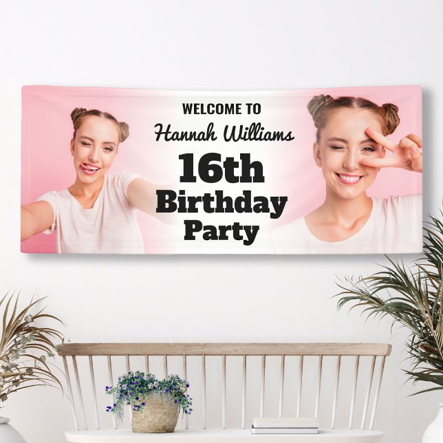 Lona Signo de bienvenida personalizado 16.ª foto Chica  (Personalized Welcome Sign 16th Birthday Girl Photo
)