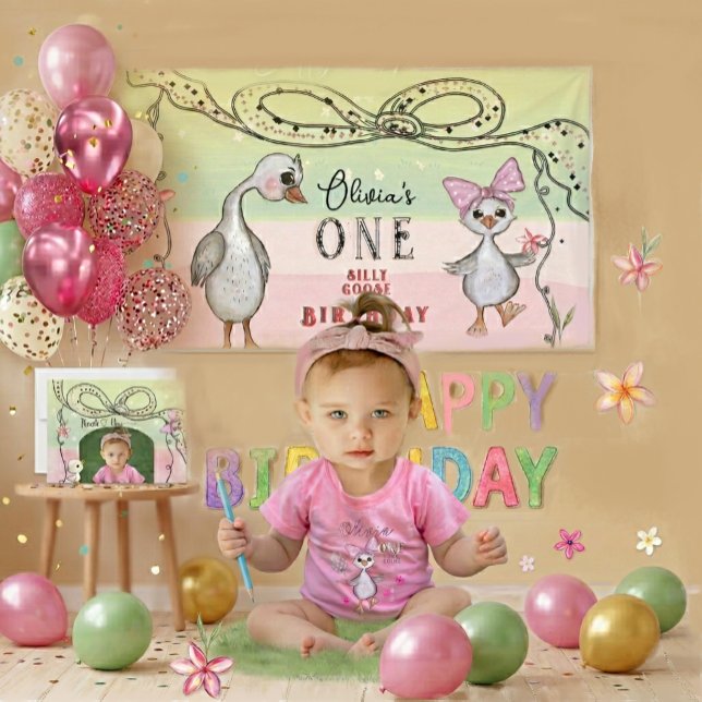 Lona Silly Goose 1st Birthday Pink Coquette Aesthetic (Silly Goose 1st Birthday Pink Coquette Aesthetic Banner)