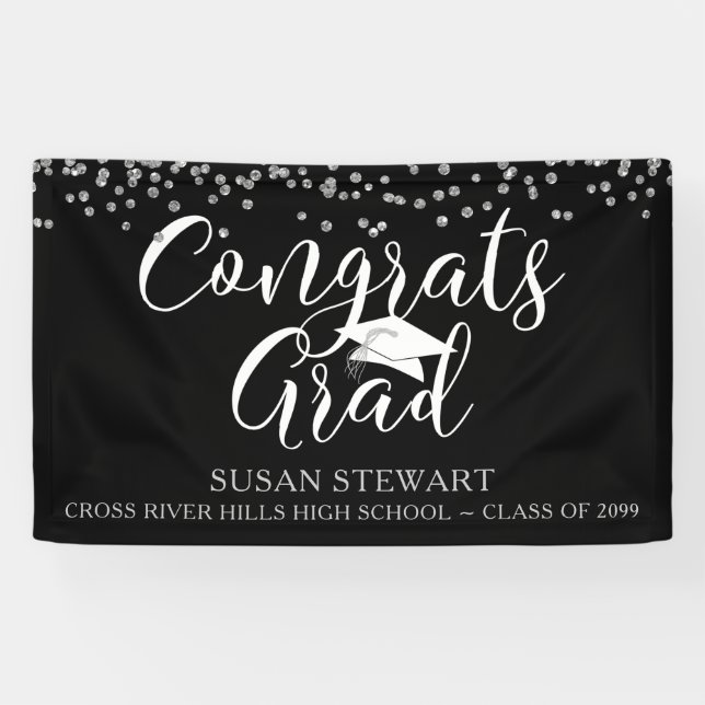 Lona Silver Confetti Script CONGRATS GRAD Black (Horizontal)