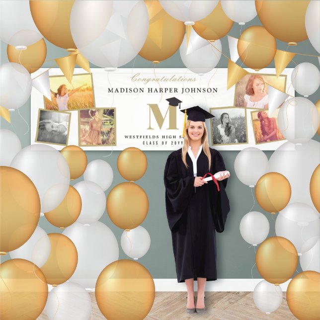 Lona Simple fiesta clásica de graduación de fotos de Mo (Simple Classic Monogram 6 Photo Graduation Party Banner by fatfatin @ www.zazzle.com/color_therapy)