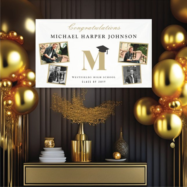 Lona Simple fiesta clásica de graduación de fotos Monog (Simple Classic Gold / White Monogram 4 Photo Graduation Party Banner @ www.zazzle.com/color_therapy)